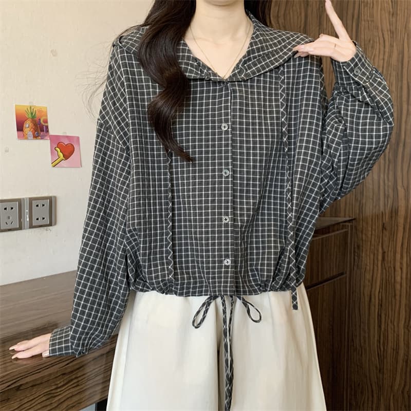 실사 빅 사이즈 지방 mm 디자인 센스 후드 펌프 로프 격자 무늬 셔츠 재킷 블라우스 맨위 이미지 3
