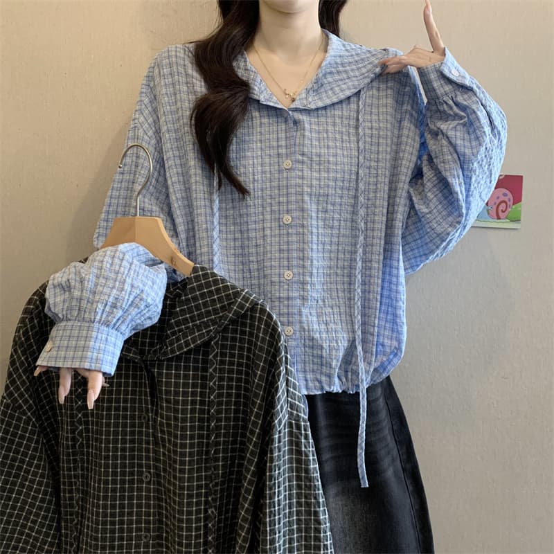 실사 빅 사이즈 지방 mm 디자인 센스 후드 펌프 로프 격자 무늬 셔츠 재킷 블라우스 맨위 이미지 6
