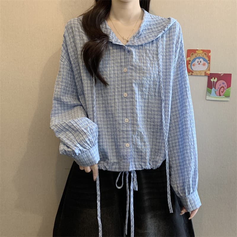 실사 빅 사이즈 지방 mm 디자인 센스 후드 펌프 로프 격자 무늬 셔츠 재킷 블라우스 맨위 상세 이미지 14