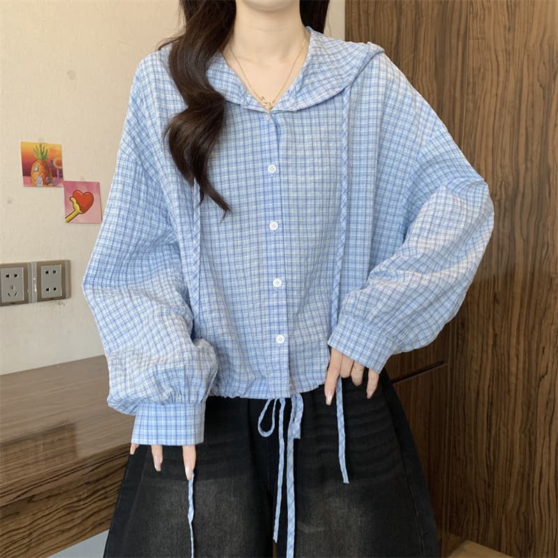 실사 빅 사이즈 지방 mm 디자인 센스 후드 펌프 로프 격자 무늬 셔츠 재킷 블라우스 맨위 상세 이미지 18