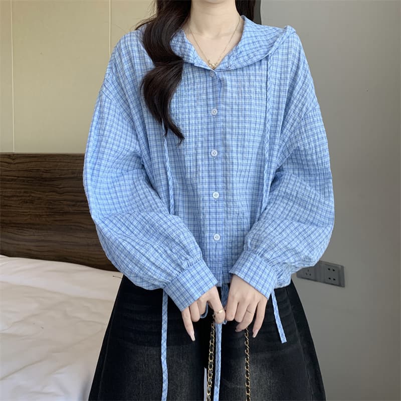 실사 빅 사이즈 지방 mm 디자인 센스 후드 펌프 로프 격자 무늬 셔츠 재킷 블라우스 맨위 상세 이미지 19