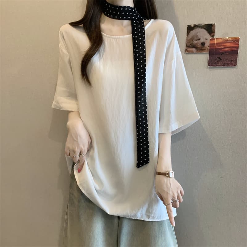 실사 빅 사이즈 지방 mm 디자인 센스 리본 느슨함 센스 아마 셔츠 외국 가스 다용도 맨위 상세 이미지 3