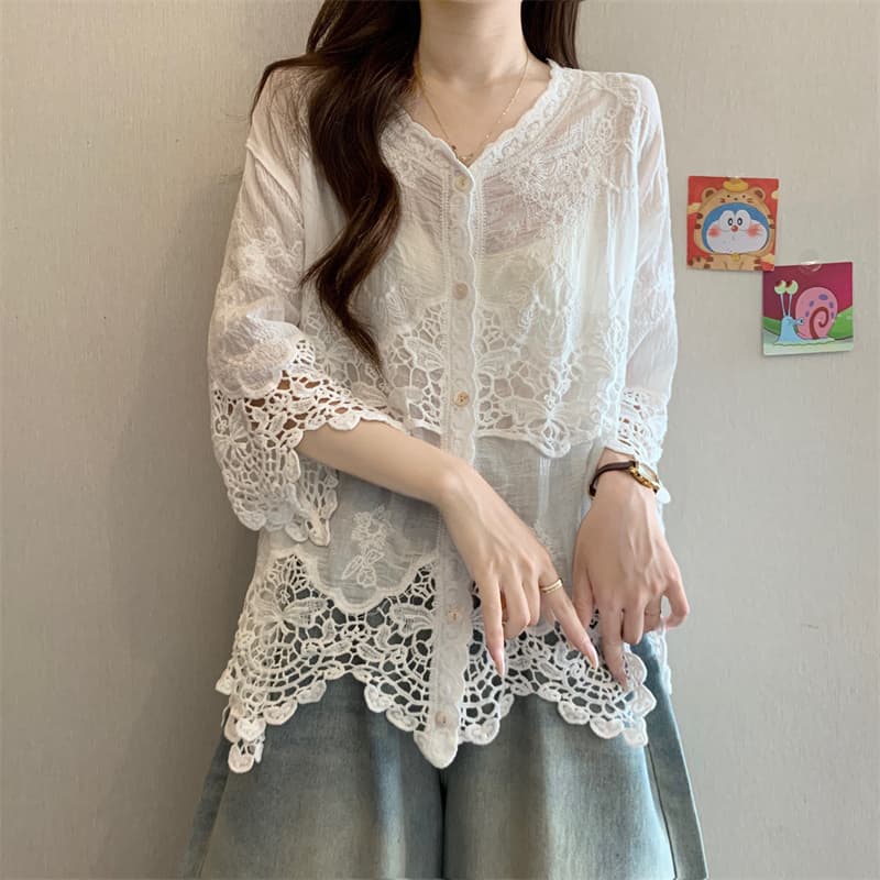 실사 빅 사이즈 지방 mm 디자인 센스 V 칼라 무거운 작업 자수 오픈 가디건 외국 가스 다용도 블라우스 맨위 상세 이미지 13