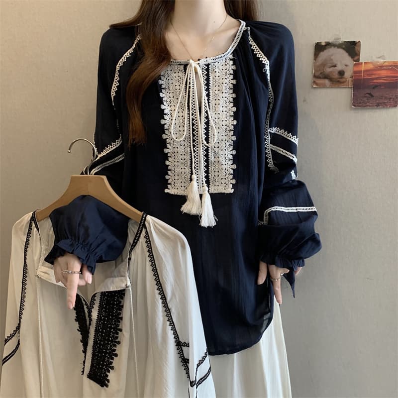 실사 빅 사이즈 지방 mm 디자인 센스 민족 스타일 무거운 작업 레이스 레이스 업 셔츠 다용도 루즈핏 맨위 상세 이미지 2