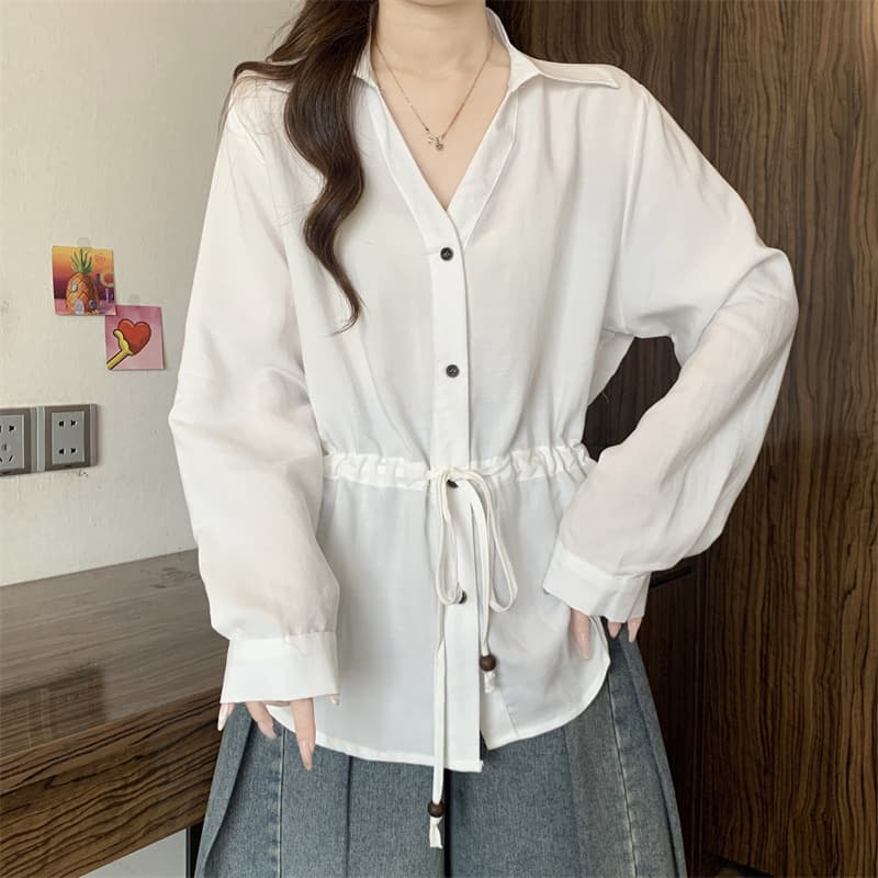 실사 빅 사이즈 지방 mm 디자인 센스 V 칼라 펌프 로프 허리 수축 셔츠 외국 가스 다용도 맨위 상세 이미지 8
