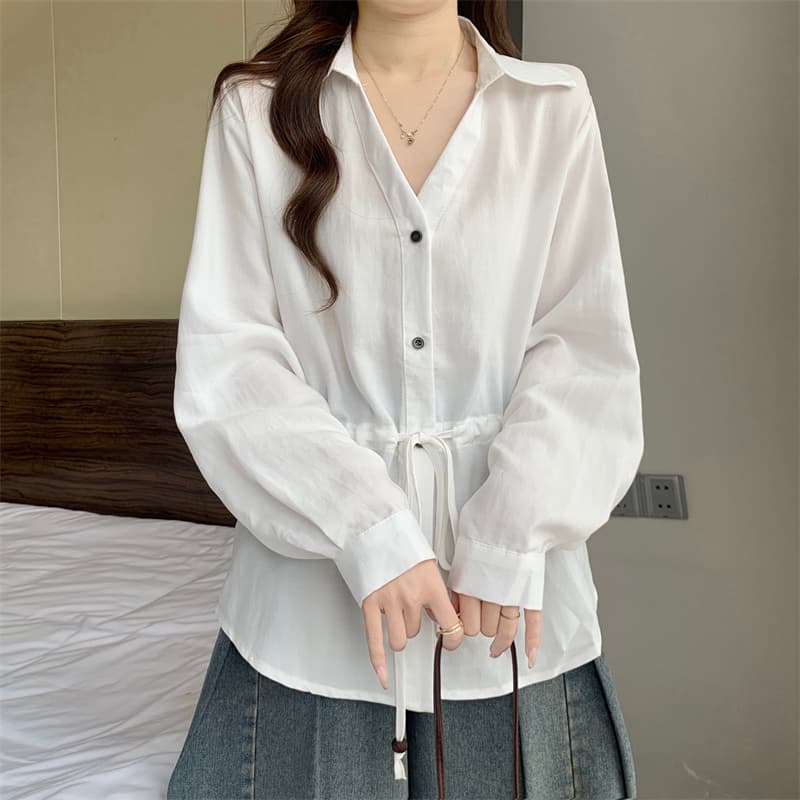 실사 빅 사이즈 지방 mm 디자인 센스 V 칼라 펌프 로프 허리 수축 셔츠 외국 가스 다용도 맨위 상세 이미지 9