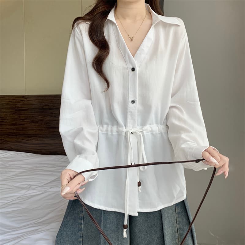 실사 빅 사이즈 지방 mm 디자인 센스 V 칼라 펌프 로프 허리 수축 셔츠 외국 가스 다용도 맨위 상세 이미지 10