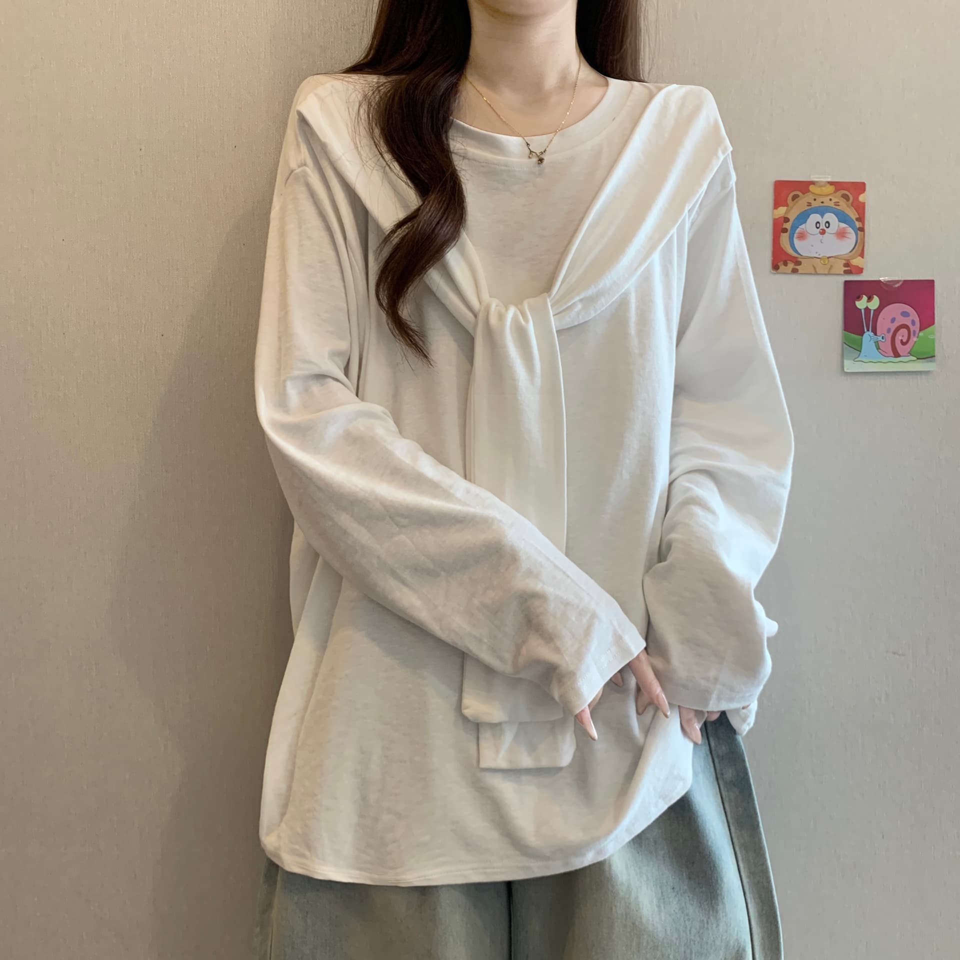 실사 빅 사이즈 지방 mm 디자인 센스 페이크 레이어드 숄 스택 착용 티셔츠 다용도 루즈핏 디스플레이 맨위 이미지 3