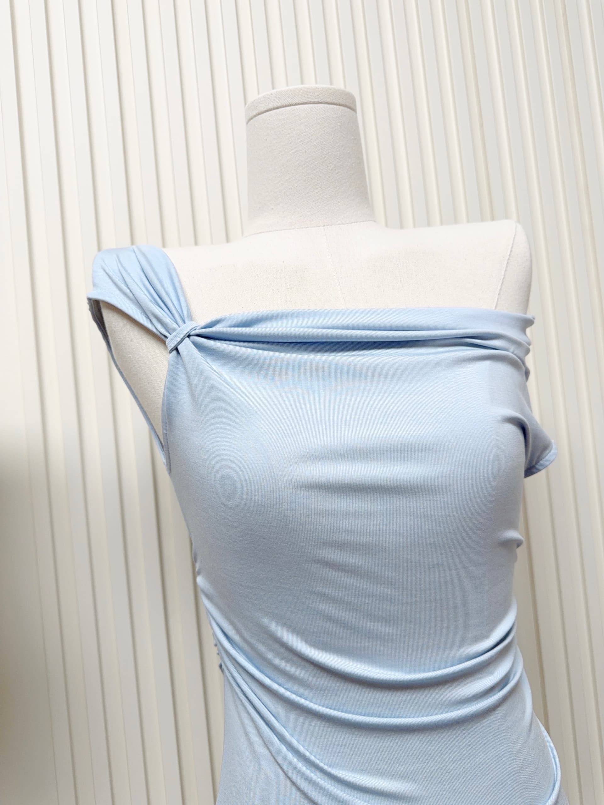 jmshop 심장 마비 커브 비스듬한 어깨 칼라 깨진 Pleat 허리 수축 트임 반팔 티셔츠 여름 몸매 가꾸기 다용도 상세 이미지 6