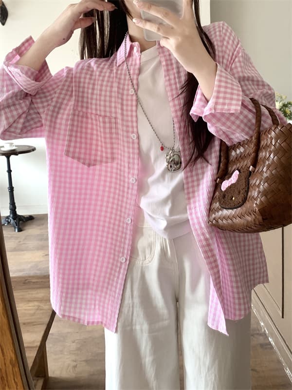 실사 한 부서 레트로 체크무늬 질감 센스 여성 셔츠 새로운 루즈핏 다용도 셔츠 재킷 작은 대중 맨위 트렌디 상세 이미지 2