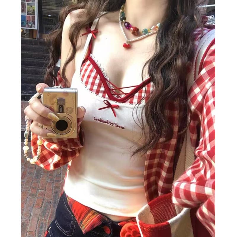 비 실사 감소되지 않음 체크무늬 배색 레이스 조각 스택 착용 핫걸 순수한 욕망 섹시함 캐미솔 벨트 가슴 패드 몸매 가꾸기