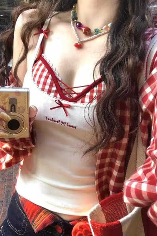 비 실사 감소되지 않음 체크무늬 배색 레이스 조각 스택 착용 핫걸 순수한 욕망 섹시함 캐미솔 벨트 가슴 패드 몸매 가꾸기 이미지 5