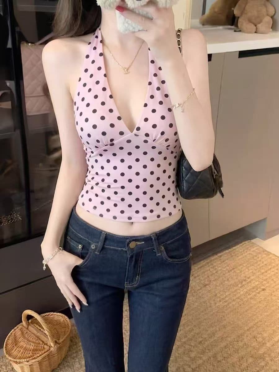 비 실사 감소되지 않음 프랑스식 달콤한 매운맛 도트 무늬 프린트 V넥 슬림해 보이는 행침 목 슬립 다용도 핫걸 만나는 조끼 여름 이미지 3