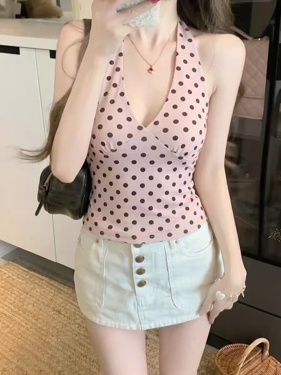 비 실사 감소되지 않음 프랑스식 달콤한 매운맛 도트 무늬 프린트 V넥 슬림해 보이는 행침 목 슬립 다용도 핫걸 만나는 조끼 여름 상세 이미지 4