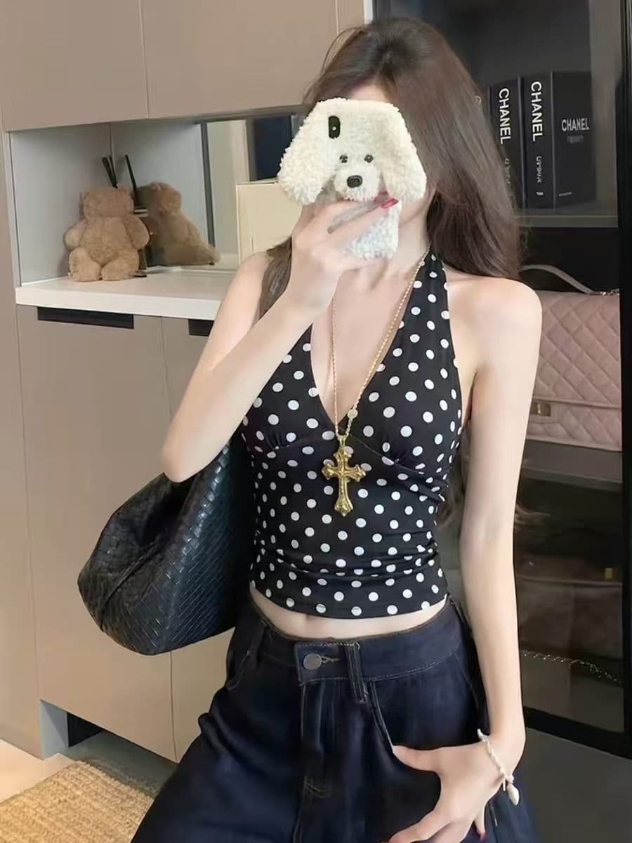 비 실사 감소되지 않음 프랑스식 달콤한 매운맛 도트 무늬 프린트 V넥 슬림해 보이는 행침 목 슬립 다용도 핫걸 만나는 조끼 여름 상세 이미지 9
