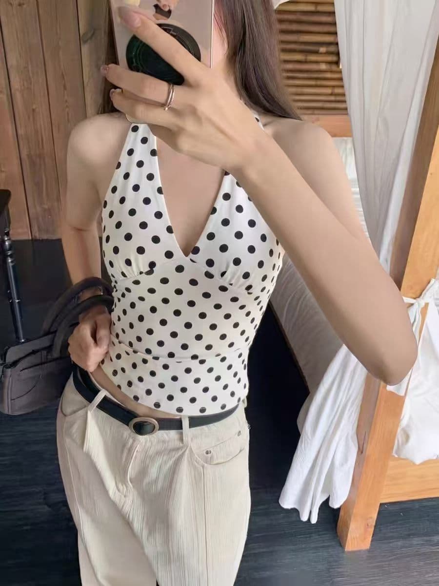 비 실사 감소되지 않음 프랑스식 달콤한 매운맛 도트 무늬 프린트 V넥 슬림해 보이는 행침 목 슬립 다용도 핫걸 만나는 조끼 여름 상세 이미지 19