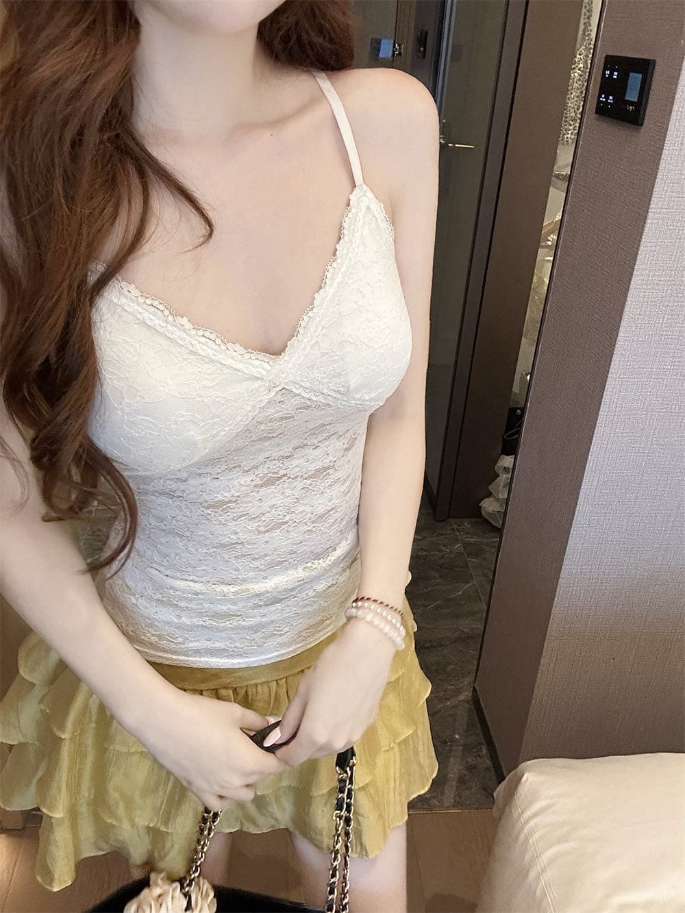 순수한 욕망 바람 레이스 레이스 캐미솔 여름 디자인 센스 섹시함 민소매 V넥 맨위 슬림해 보이는 벨트 가슴 패드 상세 이미지 5