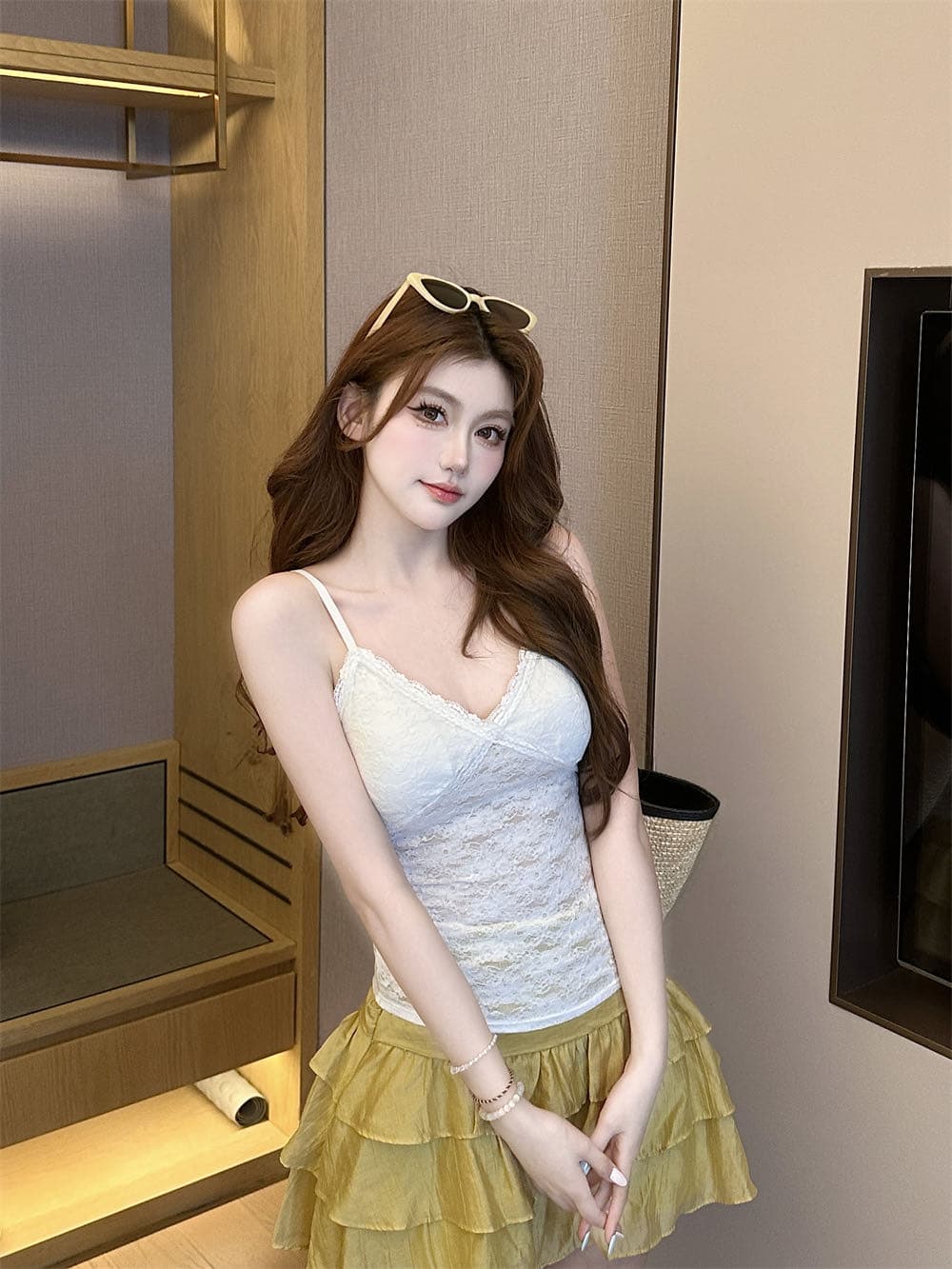 순수한 욕망 바람 레이스 레이스 캐미솔 여름 디자인 센스 섹시함 민소매 V넥 맨위 슬림해 보이는 벨트 가슴 패드 상세 이미지 7