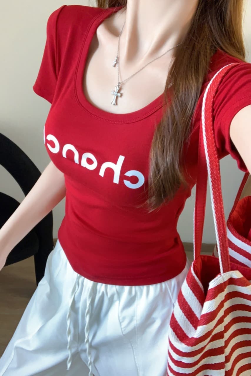 핫걸 타이트 반팔 티셔츠 여성 여름 u 칼라 알파벳 프린트 몸매 가꾸기 쇼트 스타일 작은 키 미니멀리즘 맨위 ins 트렌디 이미지 5