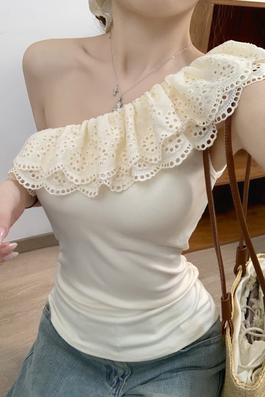 법률 시스템 레트로 레이스 프릴 비스듬한 어깨 반팔 티셔츠 여성 여름 디자인 센스 몸매 가꾸기 슬림해 보이는 다용도 맨위 트렌디 이미지 5