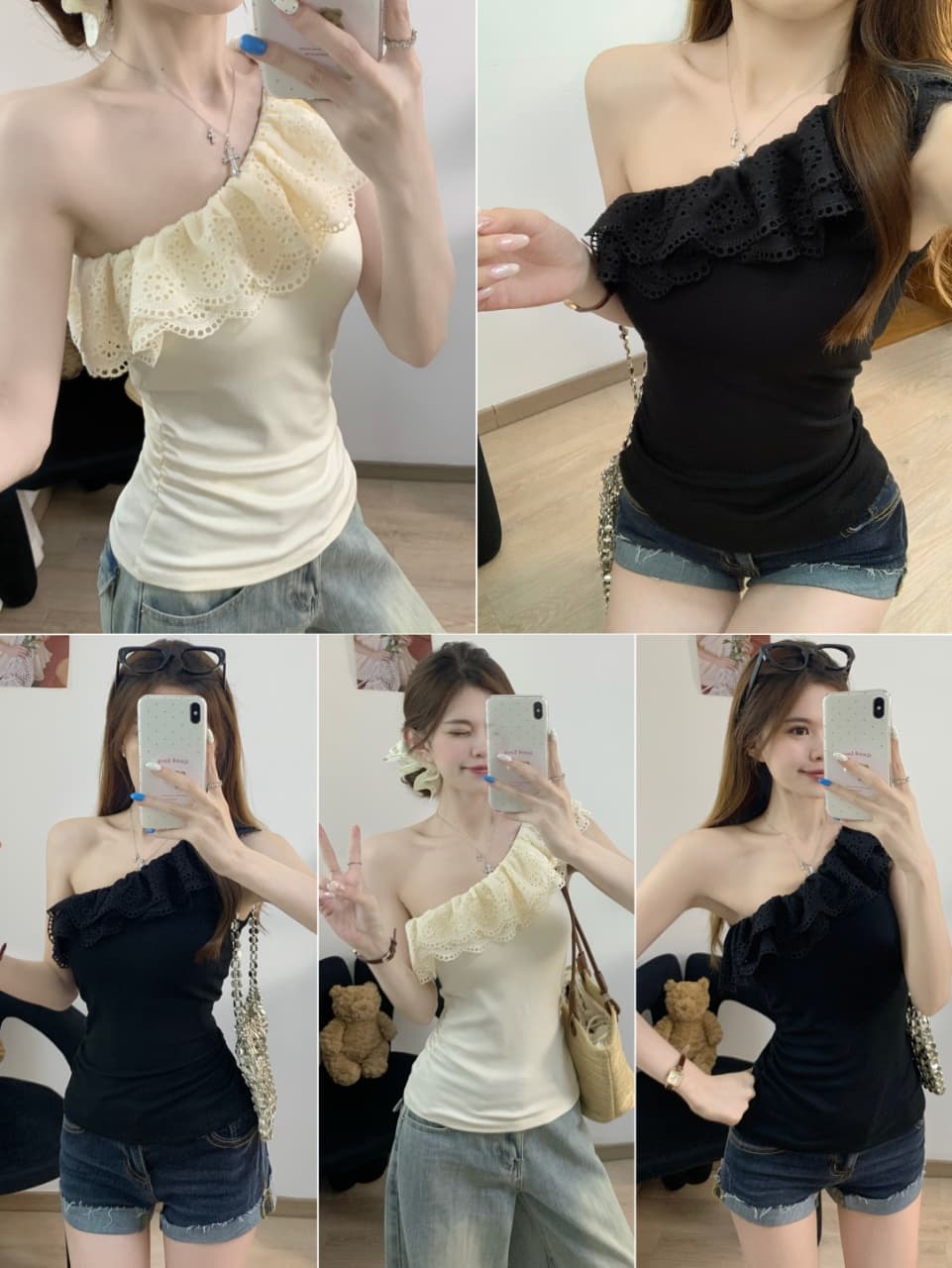 법률 시스템 레트로 레이스 프릴 비스듬한 어깨 반팔 티셔츠 여성 여름 디자인 센스 몸매 가꾸기 슬림해 보이는 다용도 맨위 트렌디 상세 이미지 1