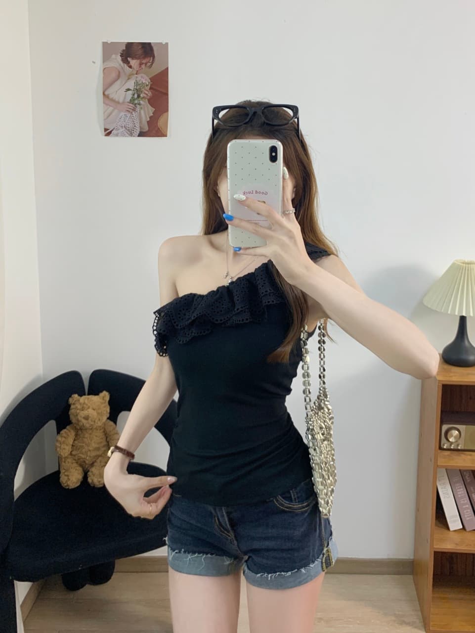 법률 시스템 레트로 레이스 프릴 비스듬한 어깨 반팔 티셔츠 여성 여름 디자인 센스 몸매 가꾸기 슬림해 보이는 다용도 맨위 트렌디 상세 이미지 3