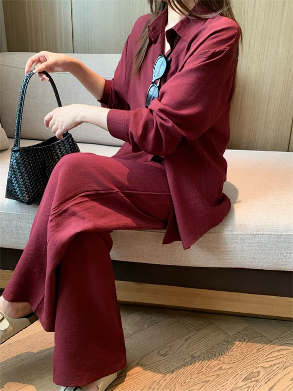 실사 가을 착용 가져 가라. 전체 집합 편안함 휴식 센스 해군 긴팔 셔츠 캐주얼 와이드 레그 팬츠 투피스 세트 상세 이미지 4