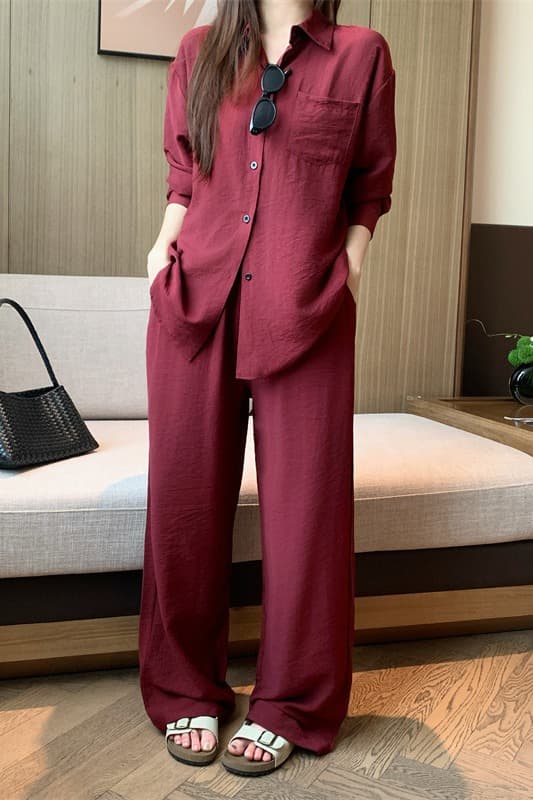 실사 가을 오래된 돈 바람 루즈핏 연령 감소 세련된 품격 자외선 차단 모방 아마 셔츠 와이드 레그 팬츠 투피스 세트 트렌디 이미지 6