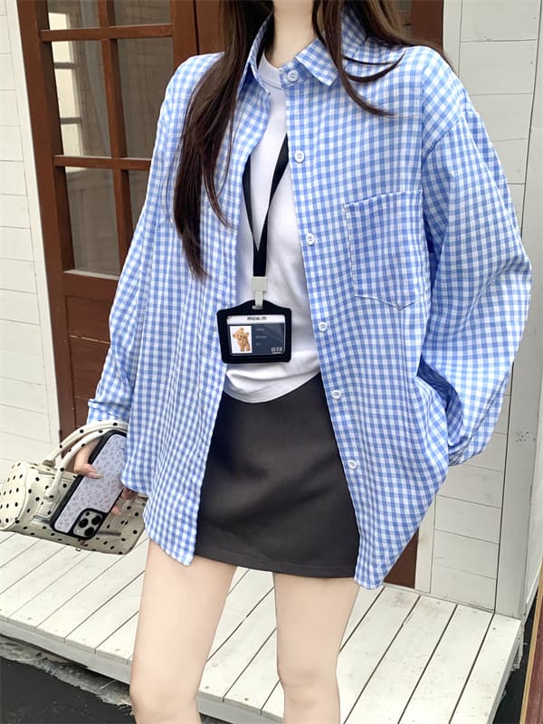 실사 한 부서 레트로 체크무늬 질감 센스 여성 셔츠 새로운 루즈핏 다용도 셔츠 재킷 작은 대중 맨위 트렌디 이미지 4