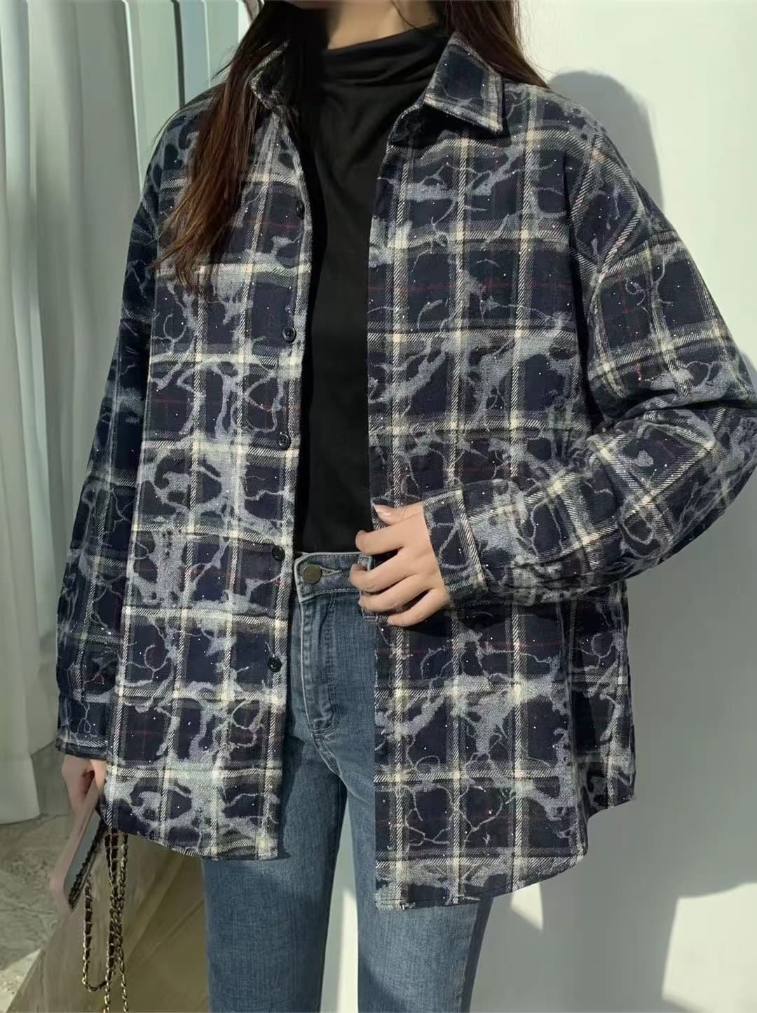 홀치기 염색 핫픽스 모직 격자 무늬 셔츠 여성 코트 한 부서 루즈핏 느긋한 바람 가을 의상 캐주얼 다용도 긴팔 셔츠 이미지 3