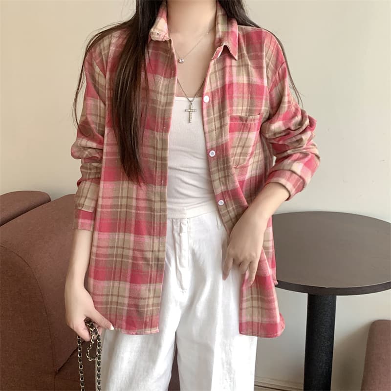 실사 Chic 슈퍼 잘 생긴 체크무늬 연삭 털 셔츠 재킷 루즈핏 캐주얼 느긋한 바람을 피우다 롱 코트 셔츠 오픈 가디건 상세 이미지 4
