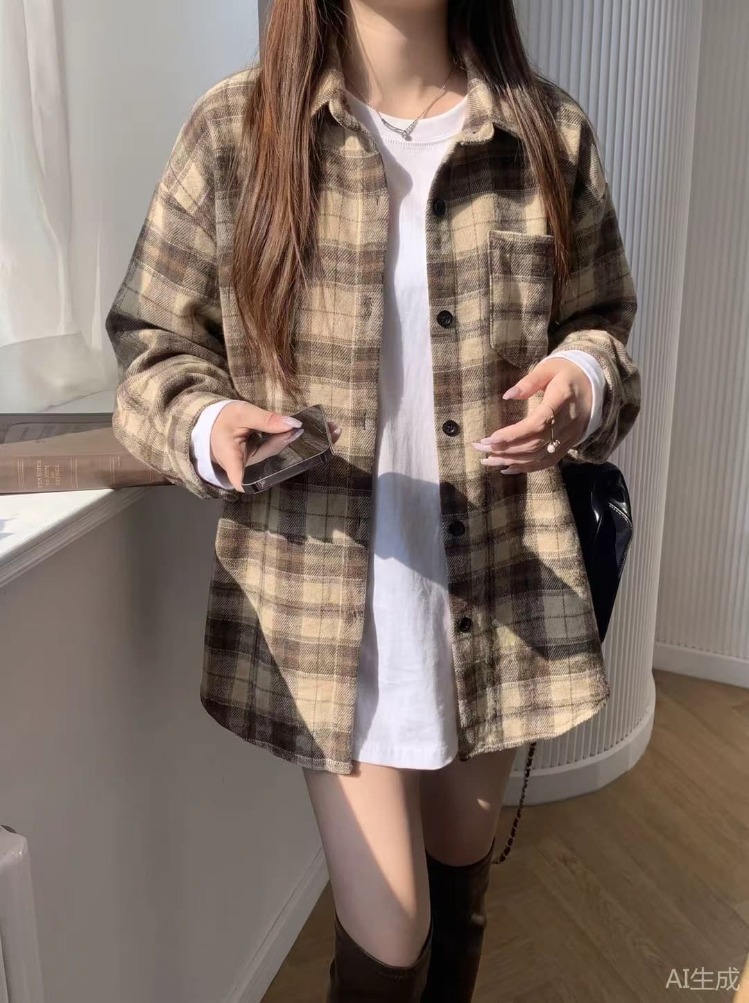 레트로 두꺼운 연삭 털 격자 무늬 셔츠 맨위 여성 가을 겨울 새로운 한국 스타일 캐주얼 루즈핏 중간 길이 긴팔 재킷 상세 이미지 12