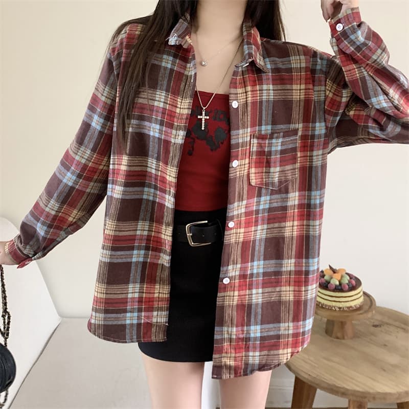 실사 체크무늬 여성 셔츠 가을 의상 아메리칸 레트로 인사이드 잡아라. 의류 루즈핏 캐주얼 연삭 털 긴팔 셔츠 재킷 이미지 3