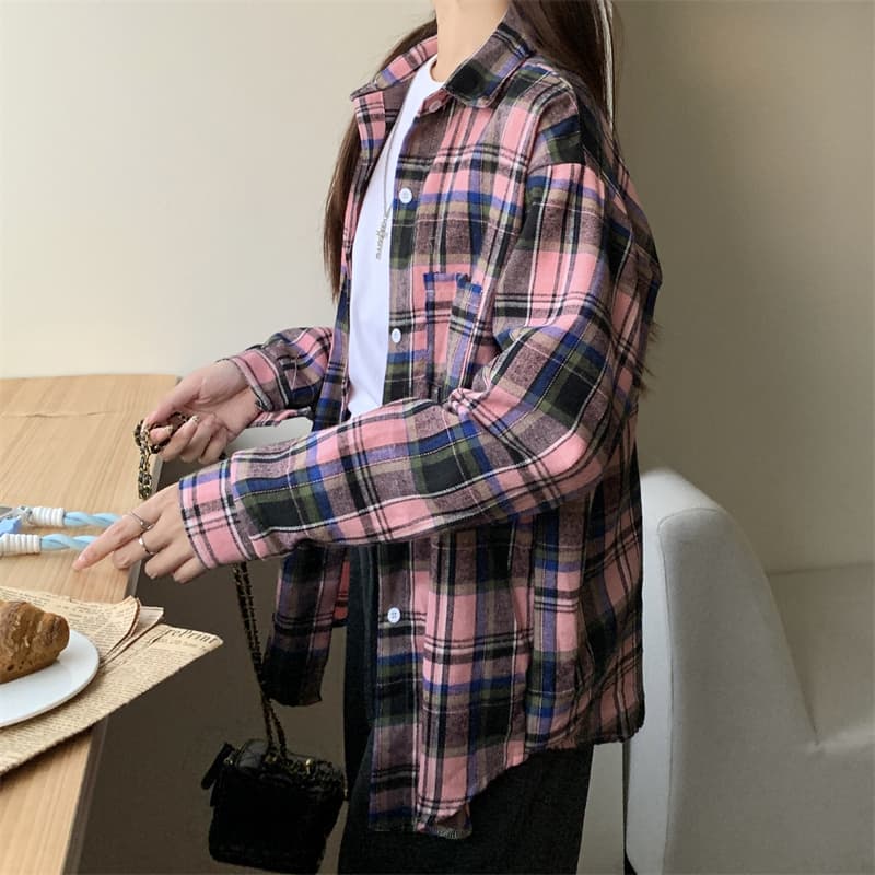 실사 체크무늬 여성 셔츠 가을 의상 아메리칸 레트로 인사이드 잡아라. 의류 루즈핏 캐주얼 연삭 털 긴팔 셔츠 재킷 이미지 4