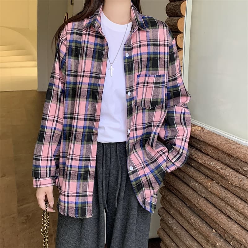 실사 체크무늬 여성 셔츠 가을 의상 아메리칸 레트로 인사이드 잡아라. 의류 루즈핏 캐주얼 연삭 털 긴팔 셔츠 재킷 상세 이미지 1