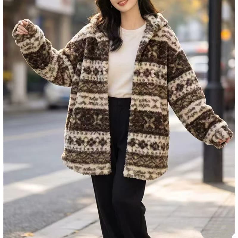 가을 겨울철 새로운 아메리칸 레트로 양털 플리스 두꺼운 보온 재킷 중간 길이 후드 루즈핏 캐주얼 맨위 트렌디 상세 이미지 4