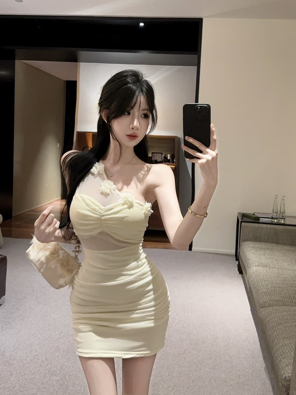 실사 순수한 욕망 핫걸 디자인 센스 작은 대중 비스듬한 어깨 꽃 홀로우 아웃 민소매 몸매 가꾸기 슬림해 보이는 드레스 상세 이미지 4