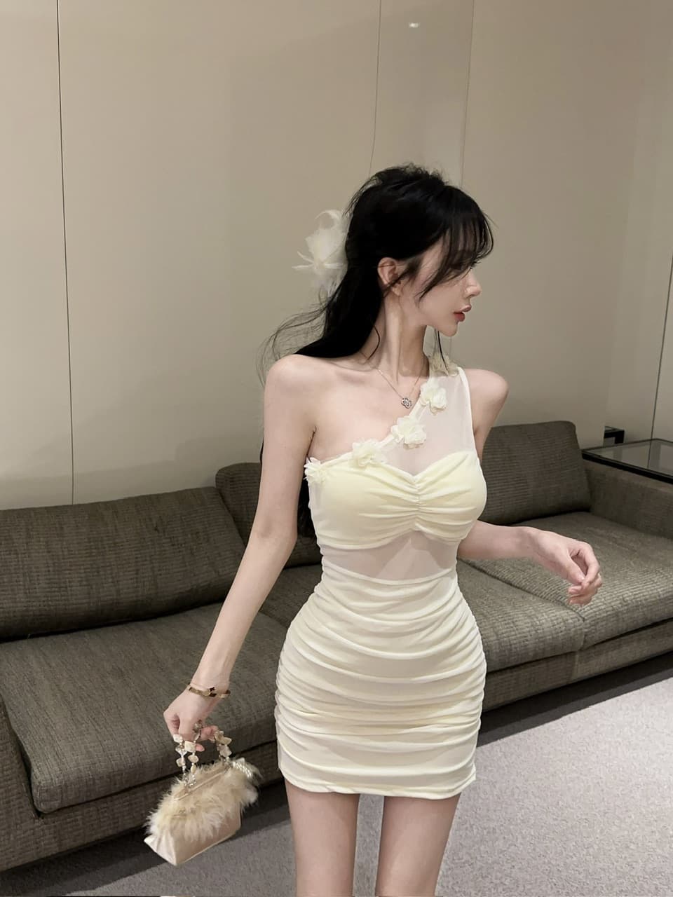 실사 순수한 욕망 핫걸 디자인 센스 작은 대중 비스듬한 어깨 꽃 홀로우 아웃 민소매 몸매 가꾸기 슬림해 보이는 드레스 상세 이미지 7