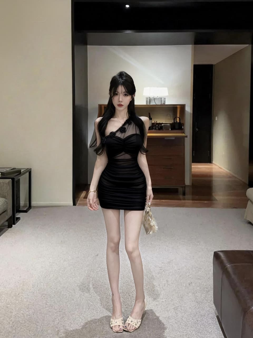 실사 순수한 욕망 핫걸 디자인 센스 작은 대중 비스듬한 어깨 꽃 홀로우 아웃 민소매 몸매 가꾸기 슬림해 보이는 드레스 상세 이미지 16