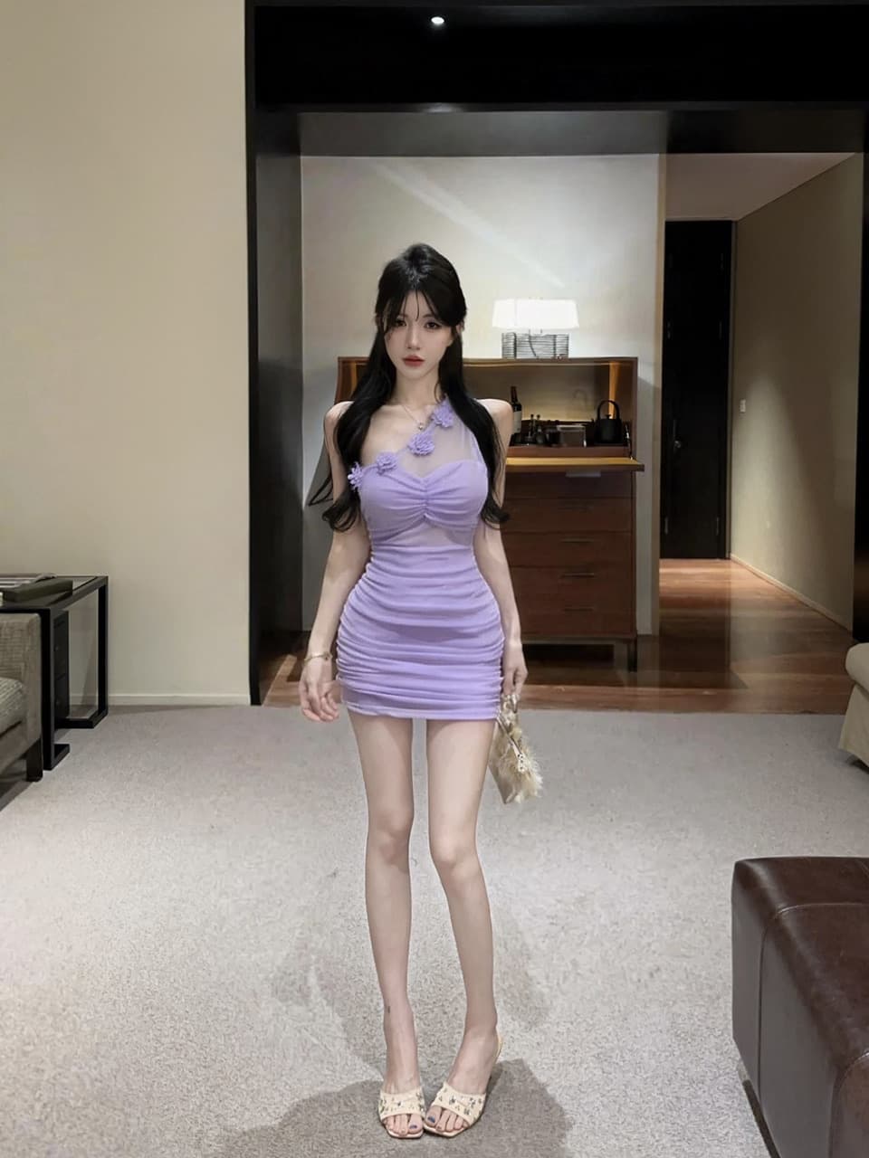 실사 순수한 욕망 핫걸 디자인 센스 작은 대중 비스듬한 어깨 꽃 홀로우 아웃 민소매 몸매 가꾸기 슬림해 보이는 드레스 상세 이미지 17