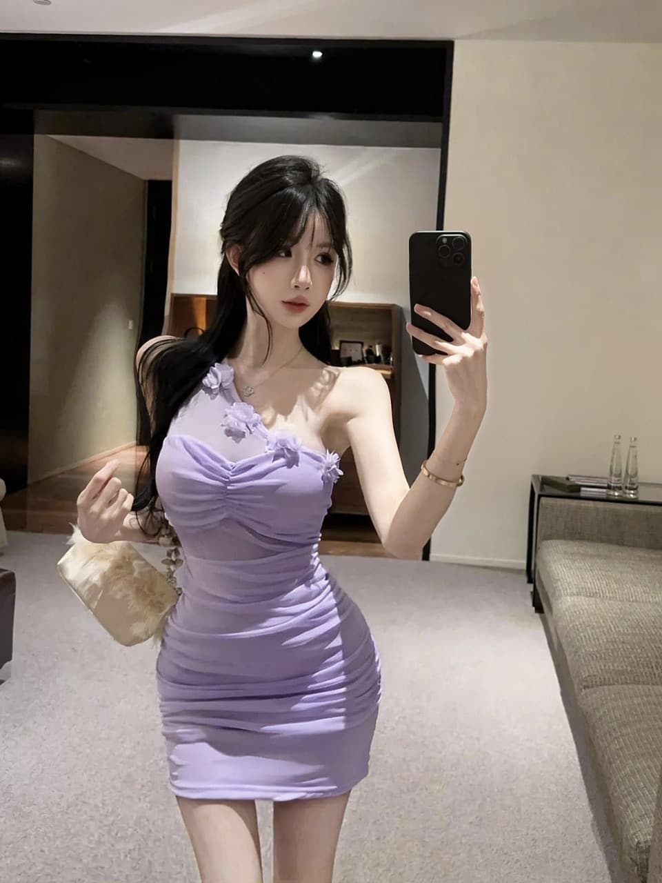 실사 순수한 욕망 핫걸 디자인 센스 작은 대중 비스듬한 어깨 꽃 홀로우 아웃 민소매 몸매 가꾸기 슬림해 보이는 드레스 상세 이미지 19
