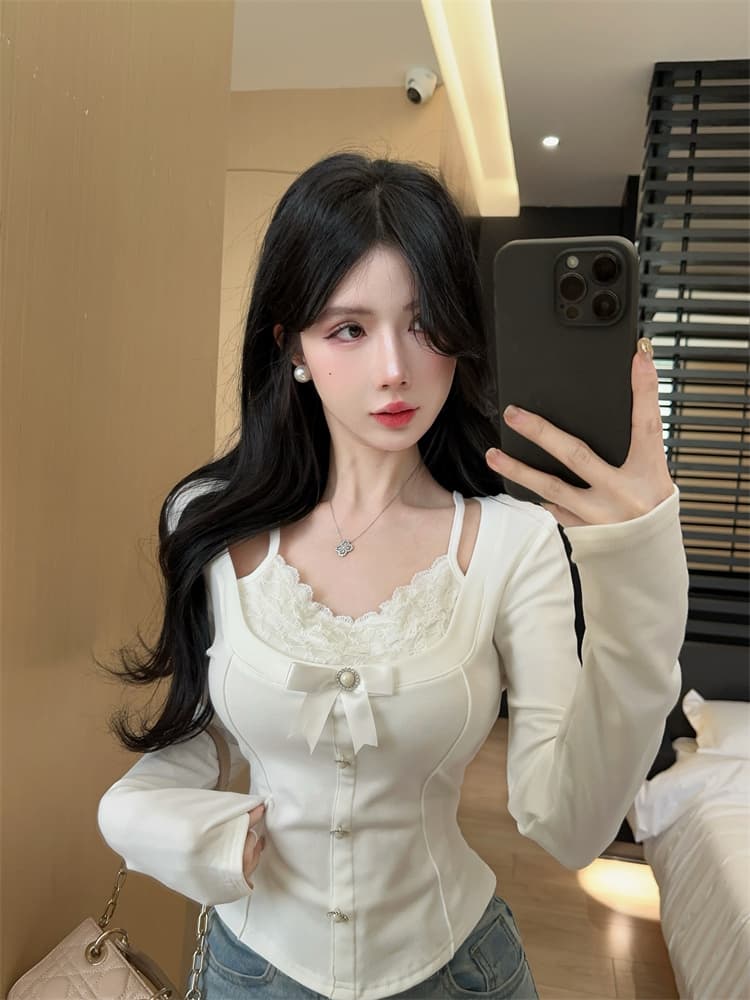 실사 핫걸 디자인 센스 레이스 조각 페이크 레이어드 프랑스식 나비 매듭 몸매 가꾸기 얇은 스타일 긴팔 맨위 이미지 3