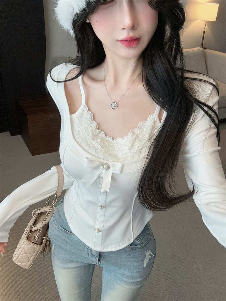 실사 핫걸 디자인 센스 레이스 조각 페이크 레이어드 프랑스식 나비 매듭 몸매 가꾸기 얇은 스타일 긴팔 맨위 상세 이미지 4