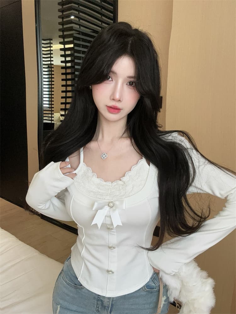 실사 핫걸 디자인 센스 레이스 조각 페이크 레이어드 프랑스식 나비 매듭 몸매 가꾸기 얇은 스타일 긴팔 맨위 상세 이미지 6