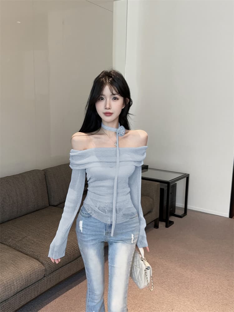 실사 작은 대중 핫걸 프랑스식 좋은 플래시 리본 3 차원 진주 꽃 섹시함 오프숄더 몸매 가꾸기 맨위 이미지 2