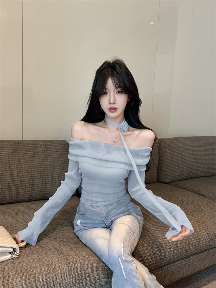실사 작은 대중 핫걸 프랑스식 좋은 플래시 리본 3 차원 진주 꽃 섹시함 오프숄더 몸매 가꾸기 맨위 상세 이미지 14