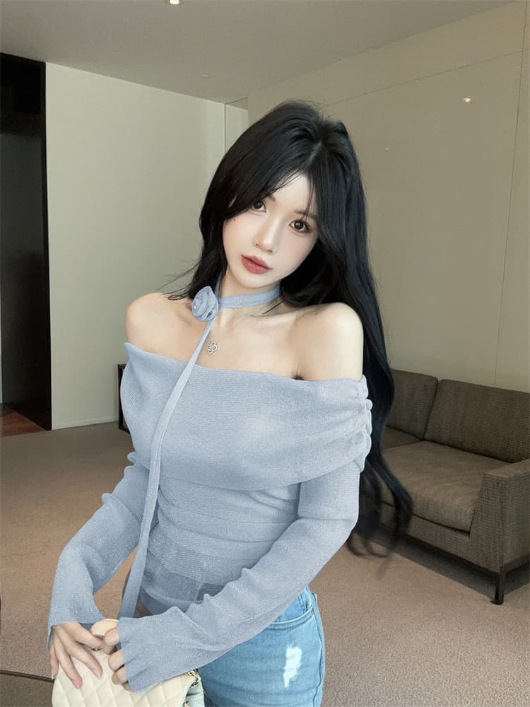 실사 작은 대중 핫걸 프랑스식 좋은 플래시 리본 3 차원 진주 꽃 섹시함 오프숄더 몸매 가꾸기 맨위 상세 이미지 15