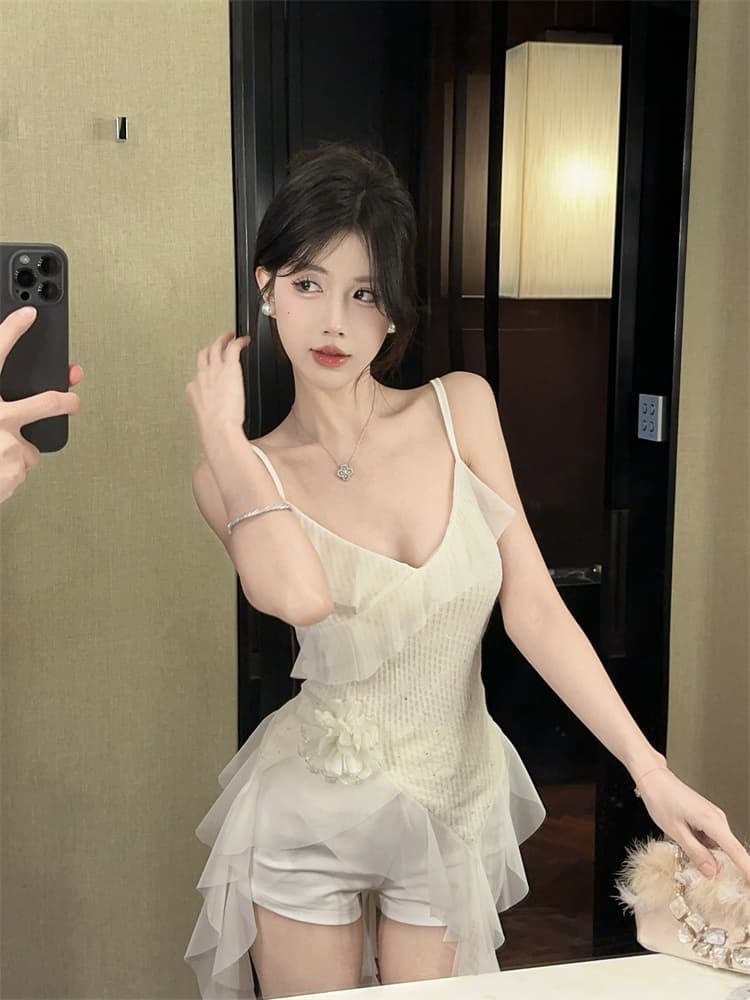 실사 핫걸 불규칙 프릴 캐미솔 디자인 센스 3 차원 꽃 망사 패치워크 맨위 상세 이미지 4