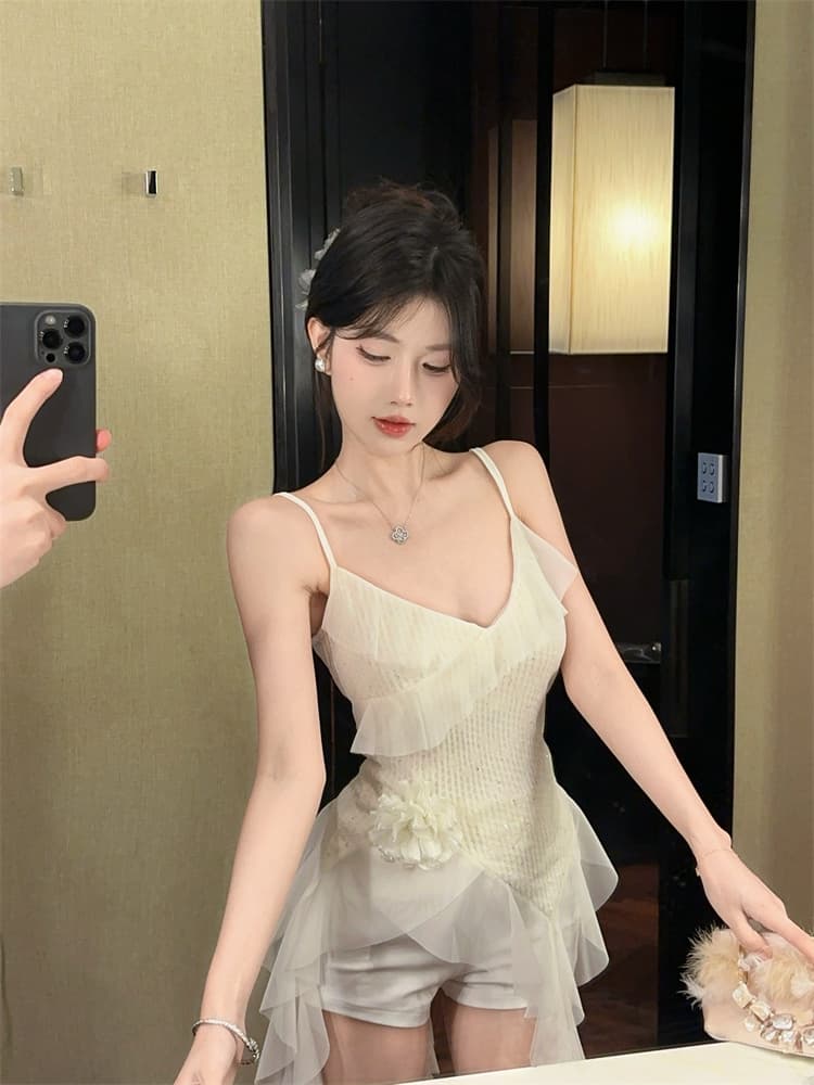 실사 핫걸 불규칙 프릴 캐미솔 디자인 센스 3 차원 꽃 망사 패치워크 맨위 상세 이미지 5