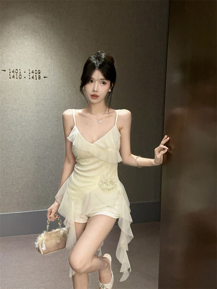 실사 핫걸 불규칙 프릴 캐미솔 디자인 센스 3 차원 꽃 망사 패치워크 맨위 상세 이미지 8